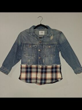 Zara Kids Denim Jacket with Plaid Hem - Blue
